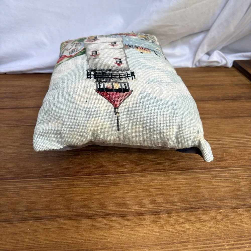 Lighthouse Needlepoint Throw Pillow Coastal Nautical Tapestry Decorative Cushion